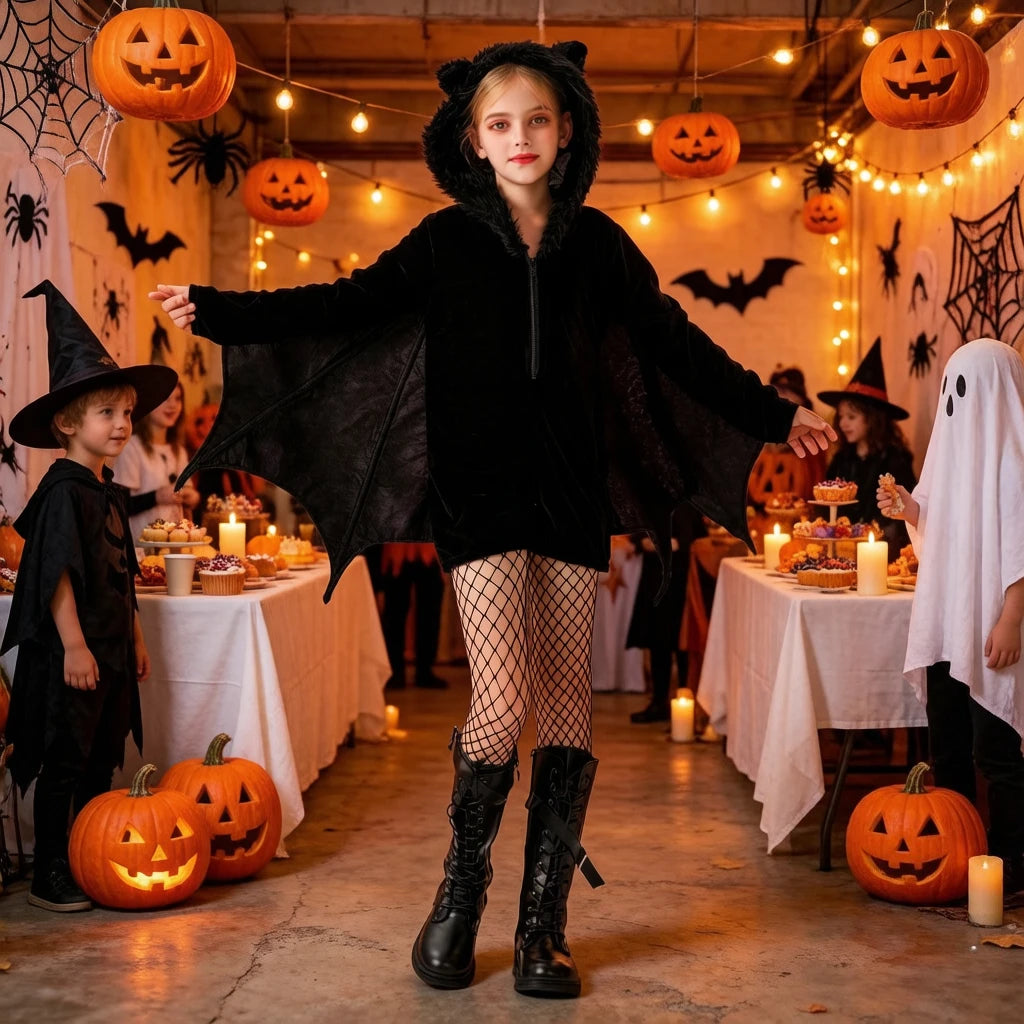 1Set Kids Dark Bat Demon Cosplay Costume, Girls Carnival Outfit, Halloween Stage Role Play Dress for Party & Holiday Gift