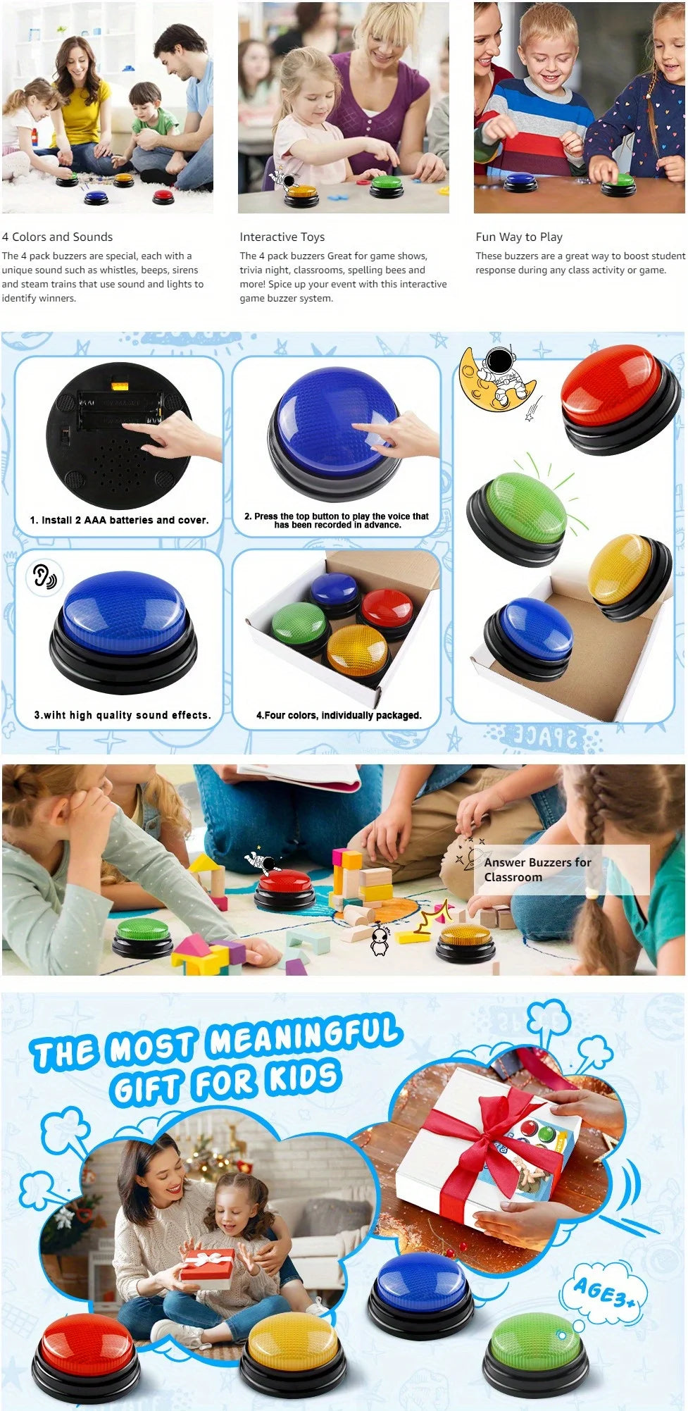 4pcs Lights and Sounds Buzzers Toy, Creative Party Game Show and Classroom, Family, Accessories, Stocking Stuffers for Kids