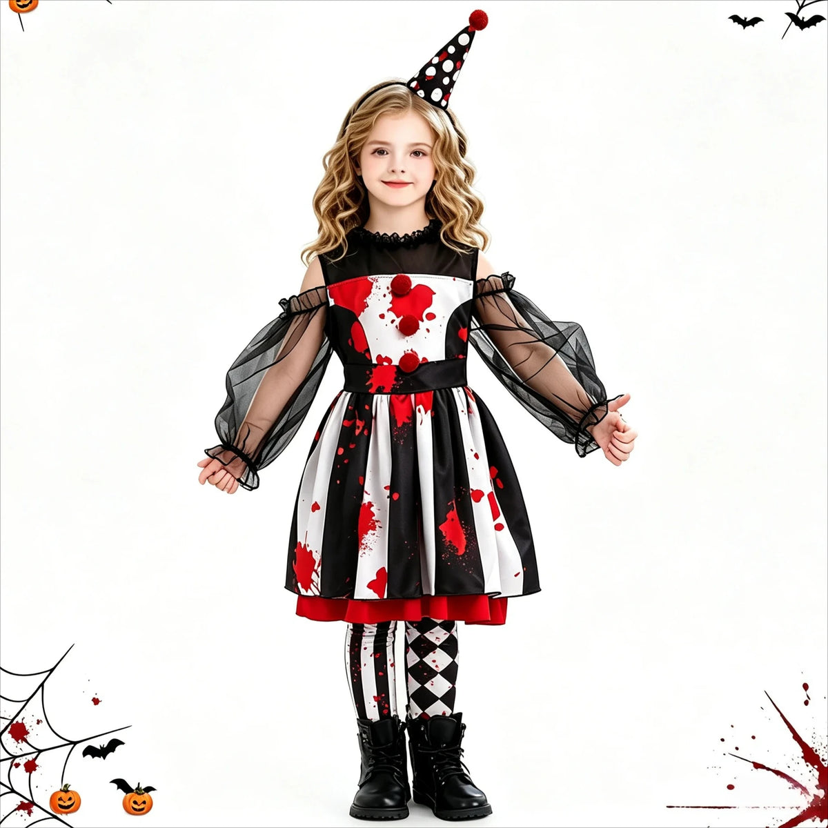 1Pc Funny Halloween Clown Kids Costume, Circus‑Theme Girls Dress, Carnival Role‑Play Outfit, Party Performance Cosplay Gift
