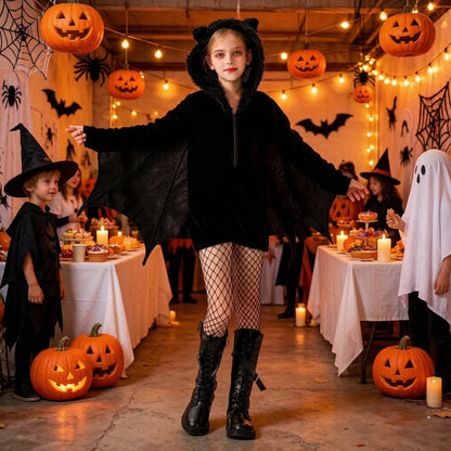 1Set Kids Dark Bat Demon Cosplay Costume, Girls Carnival Outfit, Halloween Stage Role Play Dress for Party & Holiday Gift