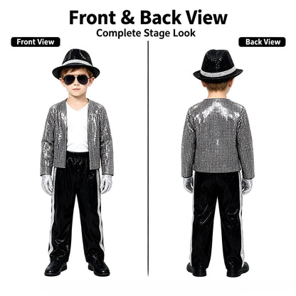 1 Set Kids Sparkly Sequined Retro Dance Costume, Unisex Outfit for Halloween Party, Stage Role‑Play & Holiday Gift
