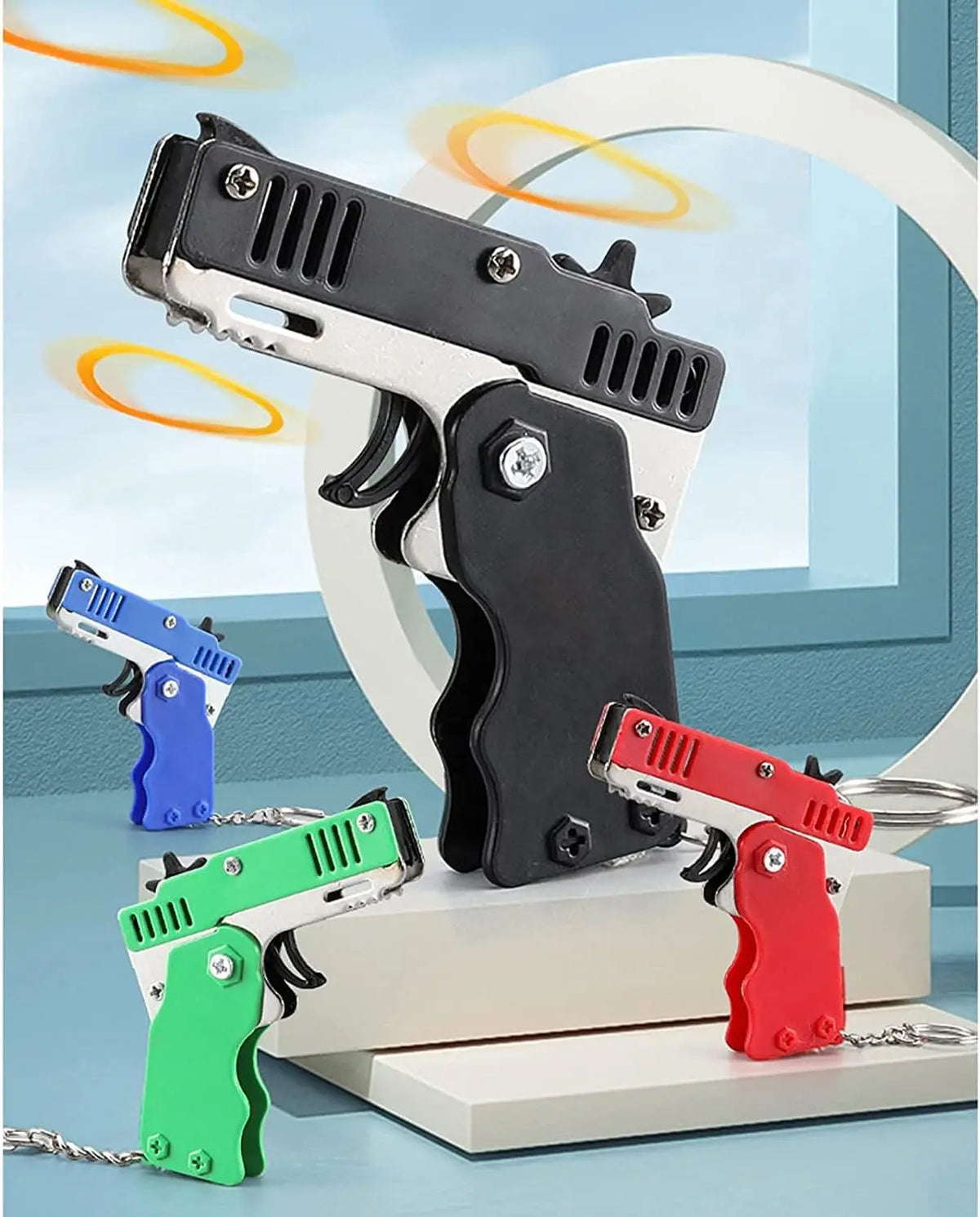 Kids Cool Mini Folding Rubber Launcher Toy with 60 Rubber Bands, Portable Toy for Outdoor Activities,  Keychain Gift