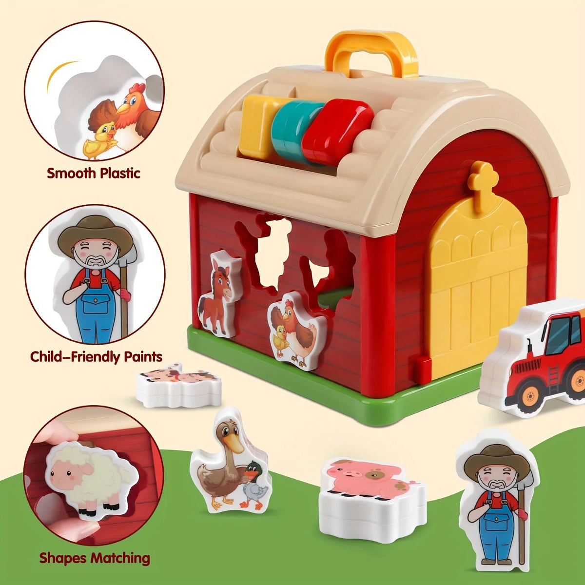 Big Red Take-Along Sorting Barn Toy with Handle, 12M+,10 Farm Play Pieces  , Shape Sorting & Stacking Learning Gift for Toddler