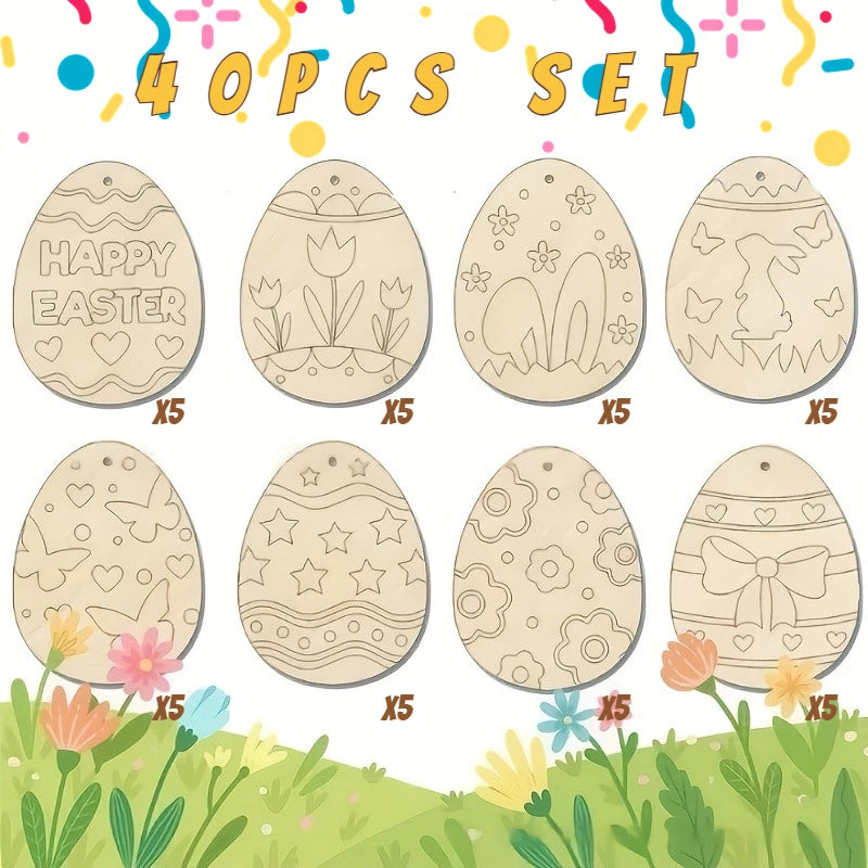 40Pcs Easter Wooden Egg Ornaments, Assorted Blank Wood Slices with Ropes, DIY Crafts Pendant for Spring Home Holiday Party Decor