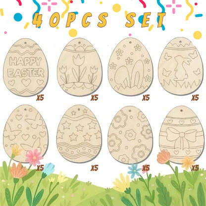 40Pcs Easter Wooden Egg Ornaments, Assorted Blank Wood Slices with Ropes, DIY Crafts Pendant for Spring Home Holiday Party Decor