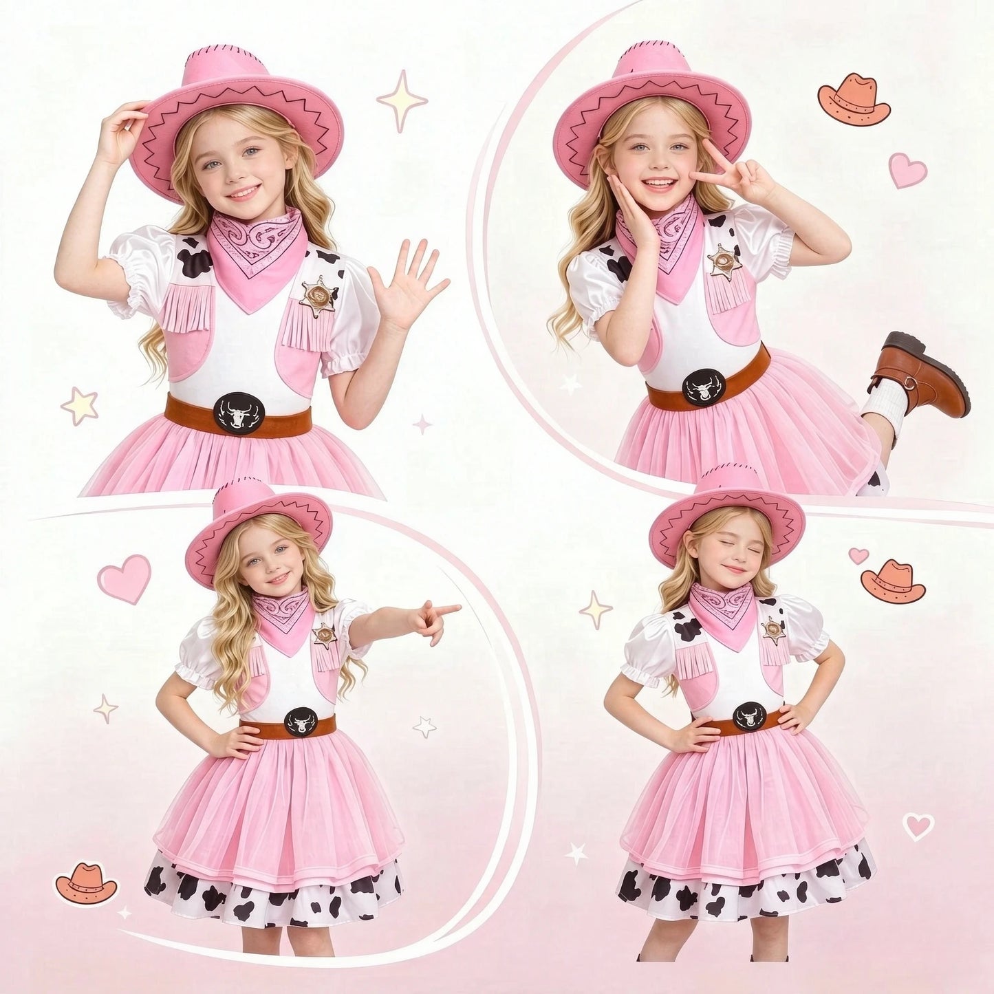 2Pcs Pink Western Cowgirl Outfit, Kids Halloween Cowgirl Dress, Vintage Role Play Costume for Party & Stage Show, Gift Option