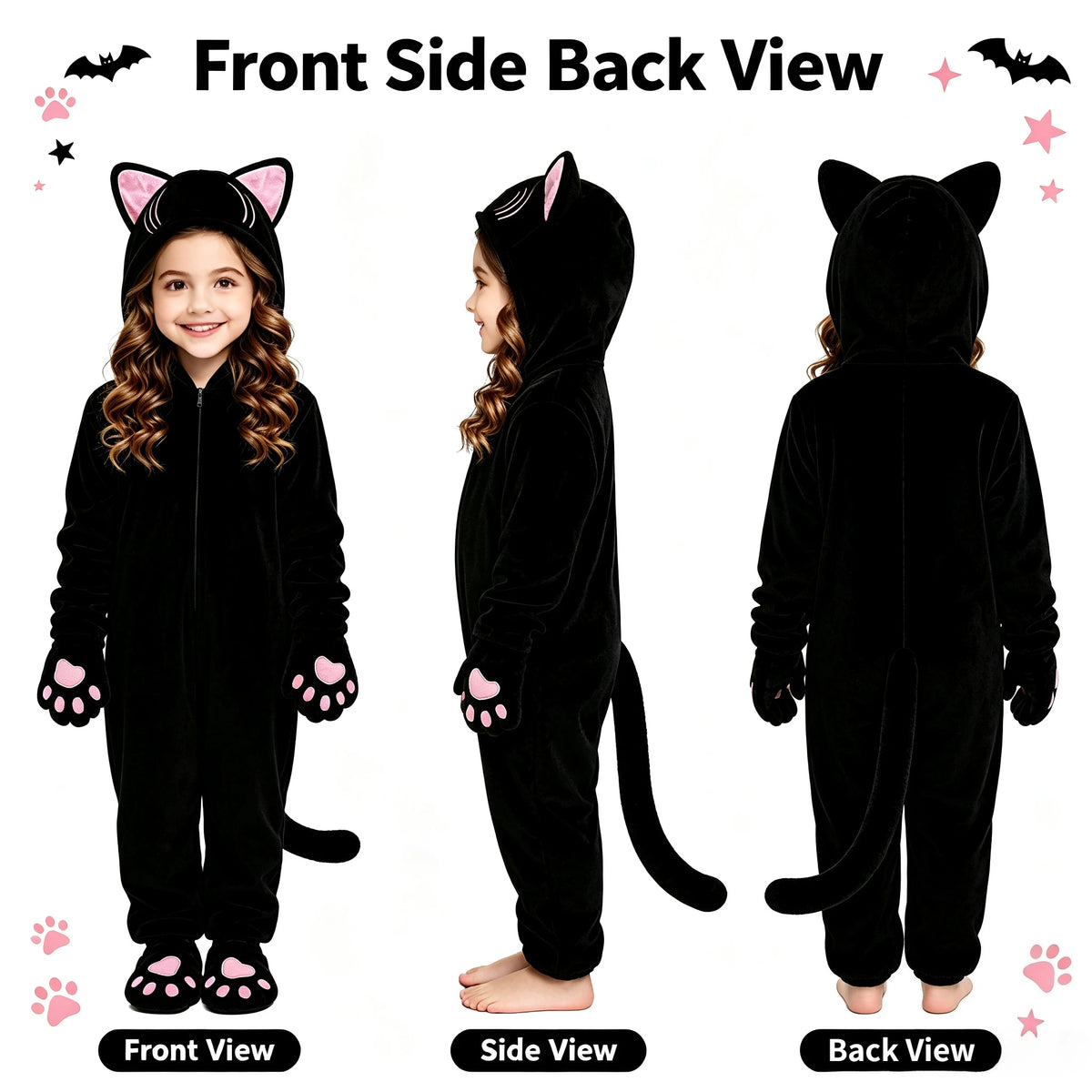 1Pc Kids Black Cat Jumpsuit Cosplay Costume, Girls Cute Cat Outfit, Halloween Animal Party Role Play Suit for Party & Gift