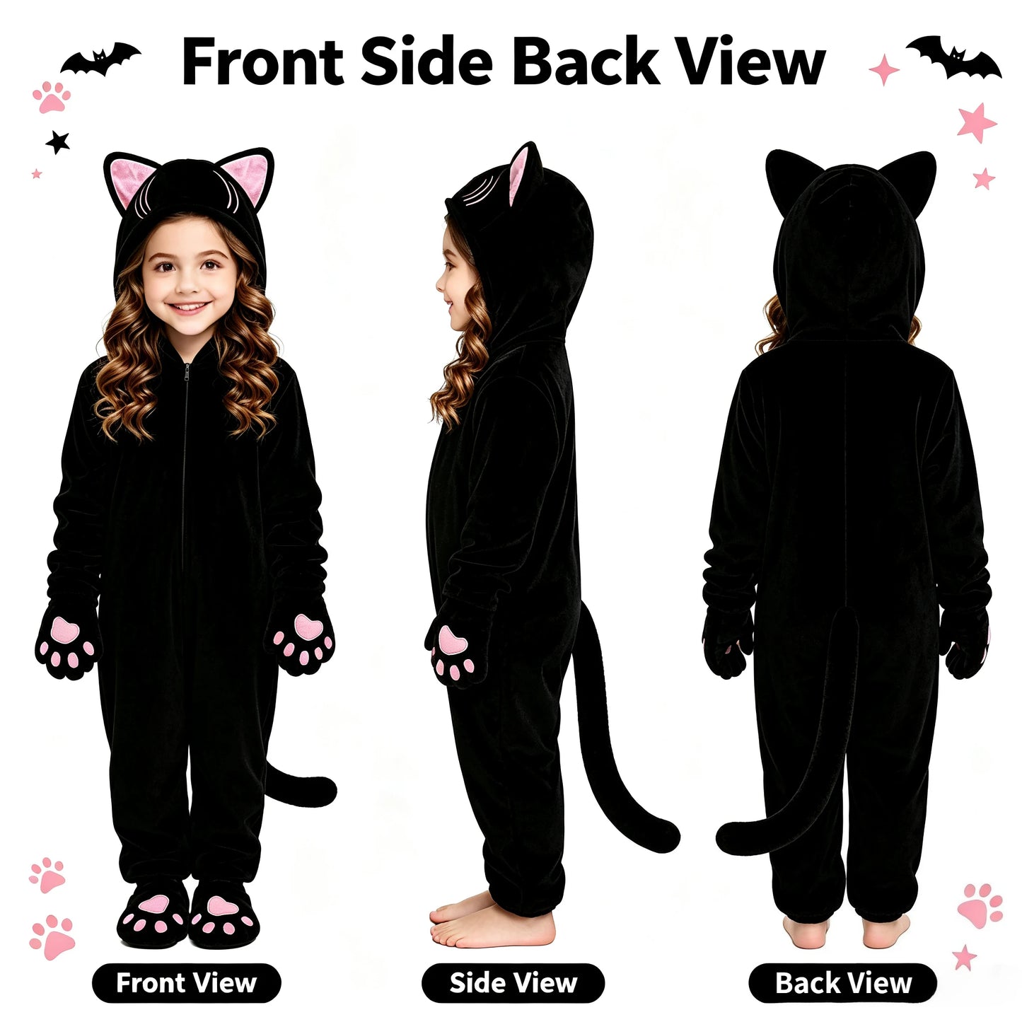 1Pc Kids Black Cat Jumpsuit Cosplay Costume, Girls Cute Cat Outfit, Halloween Animal Party Role Play Suit for Party & Gift