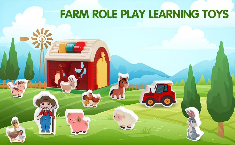 Big Red Take-Along Sorting Barn Toy with Handle, 12M+,10 Farm Play Pieces  , Shape Sorting & Stacking Learning Gift for Toddler