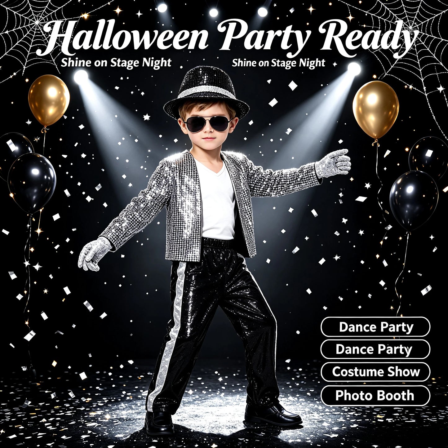 1 Set Kids Sparkly Sequined Retro Dance Costume, Unisex Outfit for Halloween Party, Stage Role‑Play & Holiday Gift