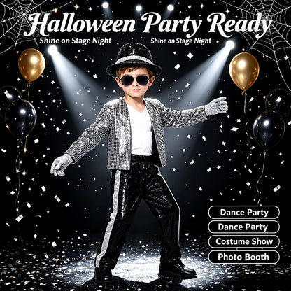 1 Set Kids Sparkly Sequined Retro Dance Costume, Unisex Outfit for Halloween Party, Stage Role‑Play & Holiday Gift