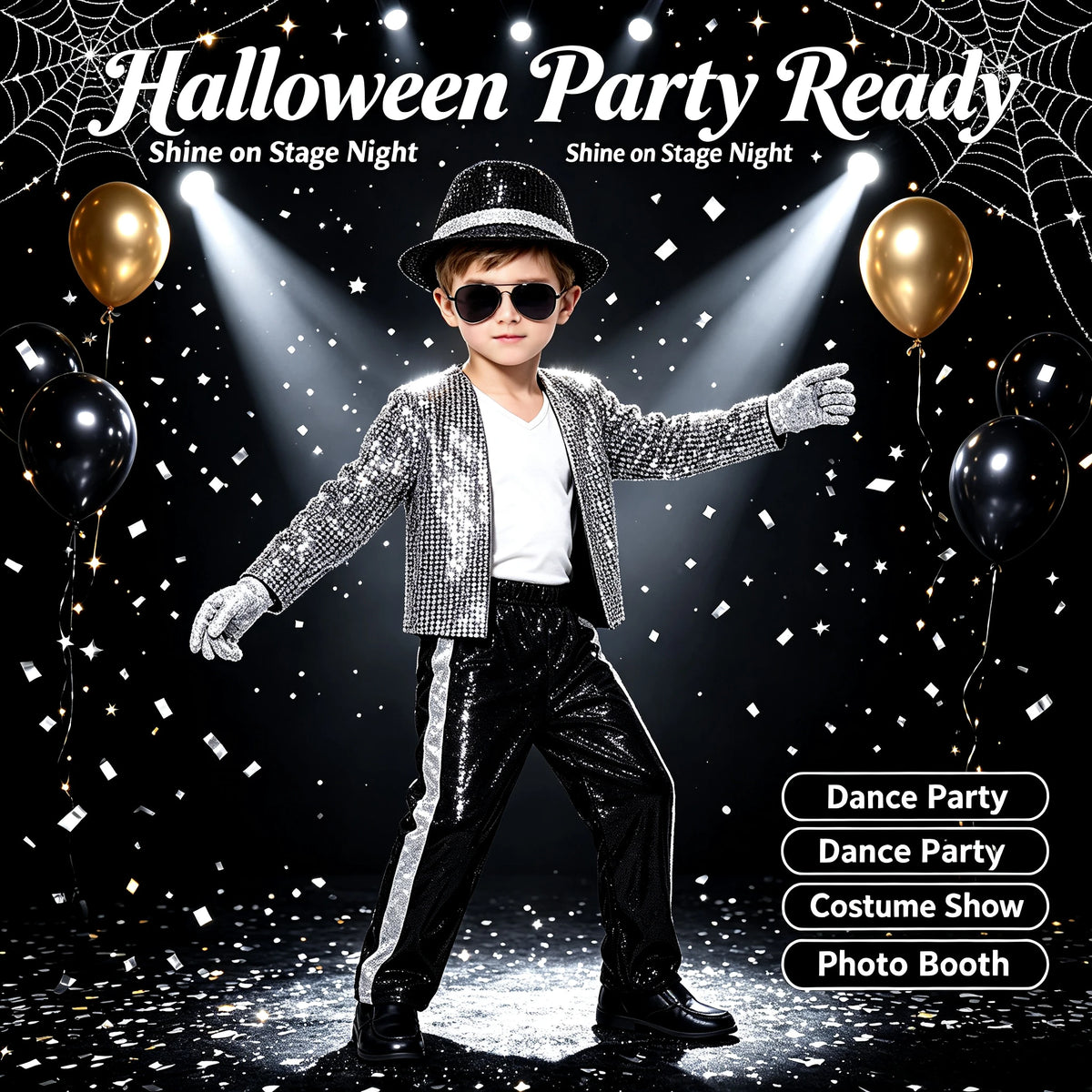 1 Set Kids Sparkly Sequined Retro Dance Costume, Unisex Outfit for Halloween Party, Stage Role‑Play & Holiday Gift