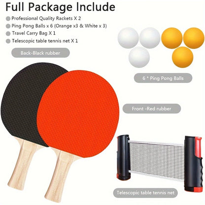 Ping Pong Paddle Set, Portable Table Tennis Set with Retractable Net & Carry Bag,40+ Pingpong Balls Indoor/Outdoor Games，gift