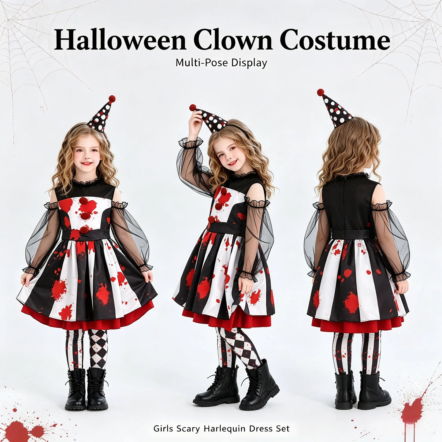 1Pc Funny Halloween Clown Kids Costume, Circus‑Theme Girls Dress, Carnival Role‑Play Outfit, Party Performance Cosplay Gift