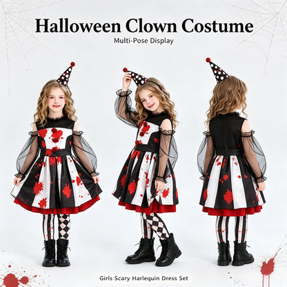 1Pc Funny Halloween Clown Kids Costume, Circus‑Theme Girls Dress, Carnival Role‑Play Outfit, Party Performance Cosplay Gift