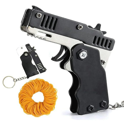 Kids Cool Mini Folding Rubber Launcher Toy with 60 Rubber Bands, Portable Toy for Outdoor Activities,  Keychain Gift