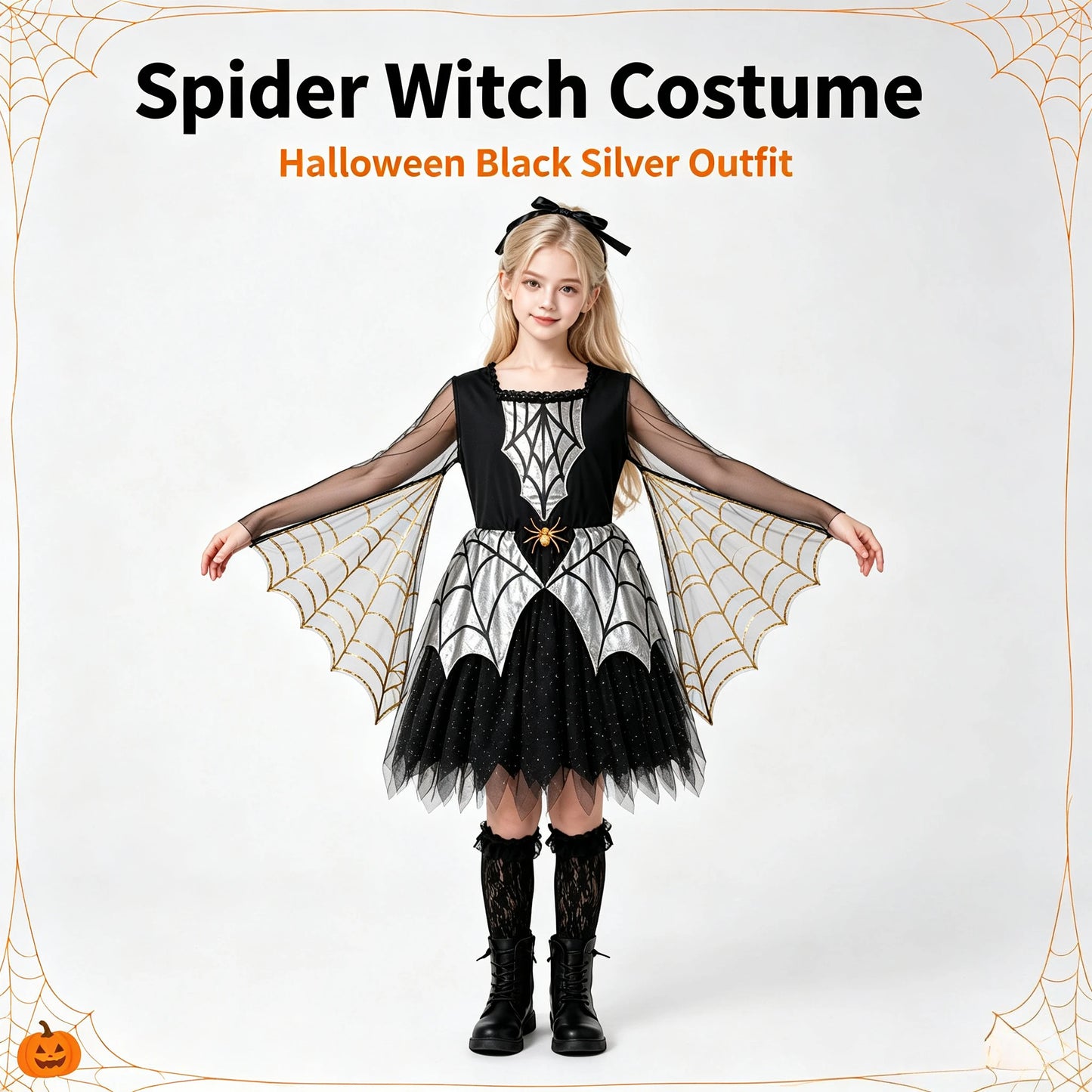 1 Pack Girls Spider Themed Costume, Spiderweb Cape Dress, Halloween Carnival Outfit for Stage Performance & Cosplay Party