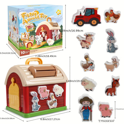Big Red Take-Along Sorting Barn Toy with Handle, 12M+,10 Farm Play Pieces  , Shape Sorting & Stacking Learning Gift for Toddler