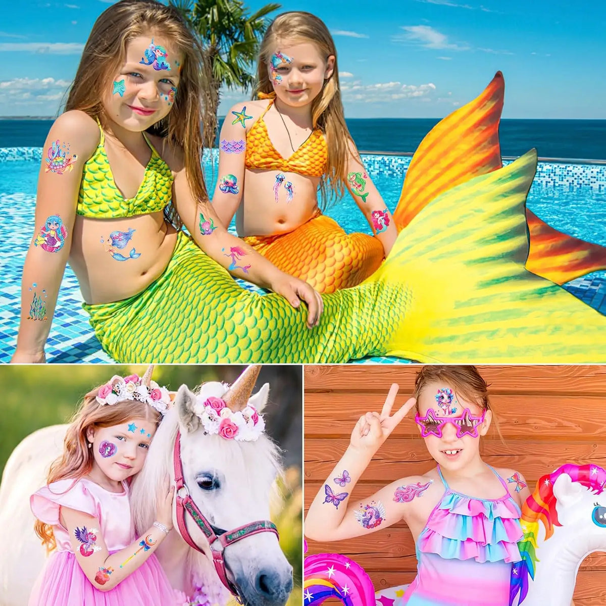 12 Sheets Glitter Kids Temporary Tattoos Toy Set- Mermaid Unicorn Rainbow Butterfly Waterproof for Girls Birthday Party Favors
