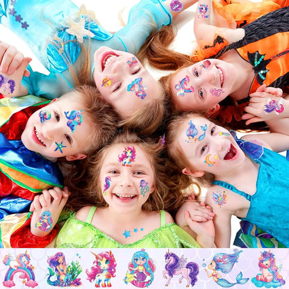 12 Sheets Glitter Kids Temporary Tattoos Toy Set- Mermaid Unicorn Rainbow Butterfly Waterproof for Girls Birthday Party Favors