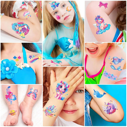 12 Sheets Glitter Kids Temporary Tattoos Toy Set- Mermaid Unicorn Rainbow Butterfly Waterproof for Girls Birthday Party Favors