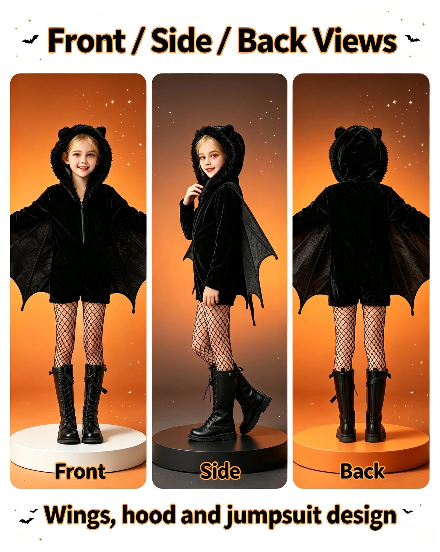 1Set Kids Dark Bat Demon Cosplay Costume, Girls Carnival Outfit, Halloween Stage Role Play Dress for Party & Holiday Gift