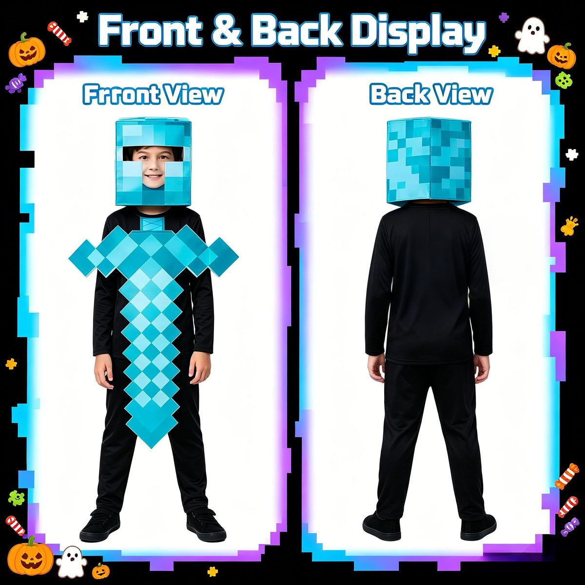 1 Pack Kids Block Character Cosplay Set, Diamond Sword Themed Outfit, Halloween Party Creative Stage Performance Costume