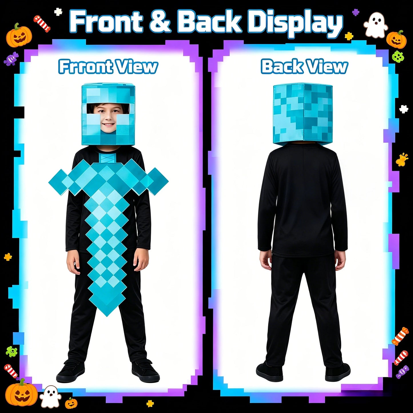 1 Pack Kids Block Character Cosplay Set, Diamond Sword Themed Outfit, Halloween Party Creative Stage Performance Costume