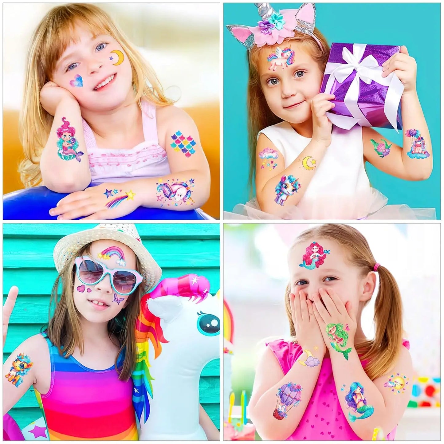 12 Sheets Glitter Kids Temporary Tattoos Toy Set- Mermaid Unicorn Rainbow Butterfly Waterproof for Girls Birthday Party Favors