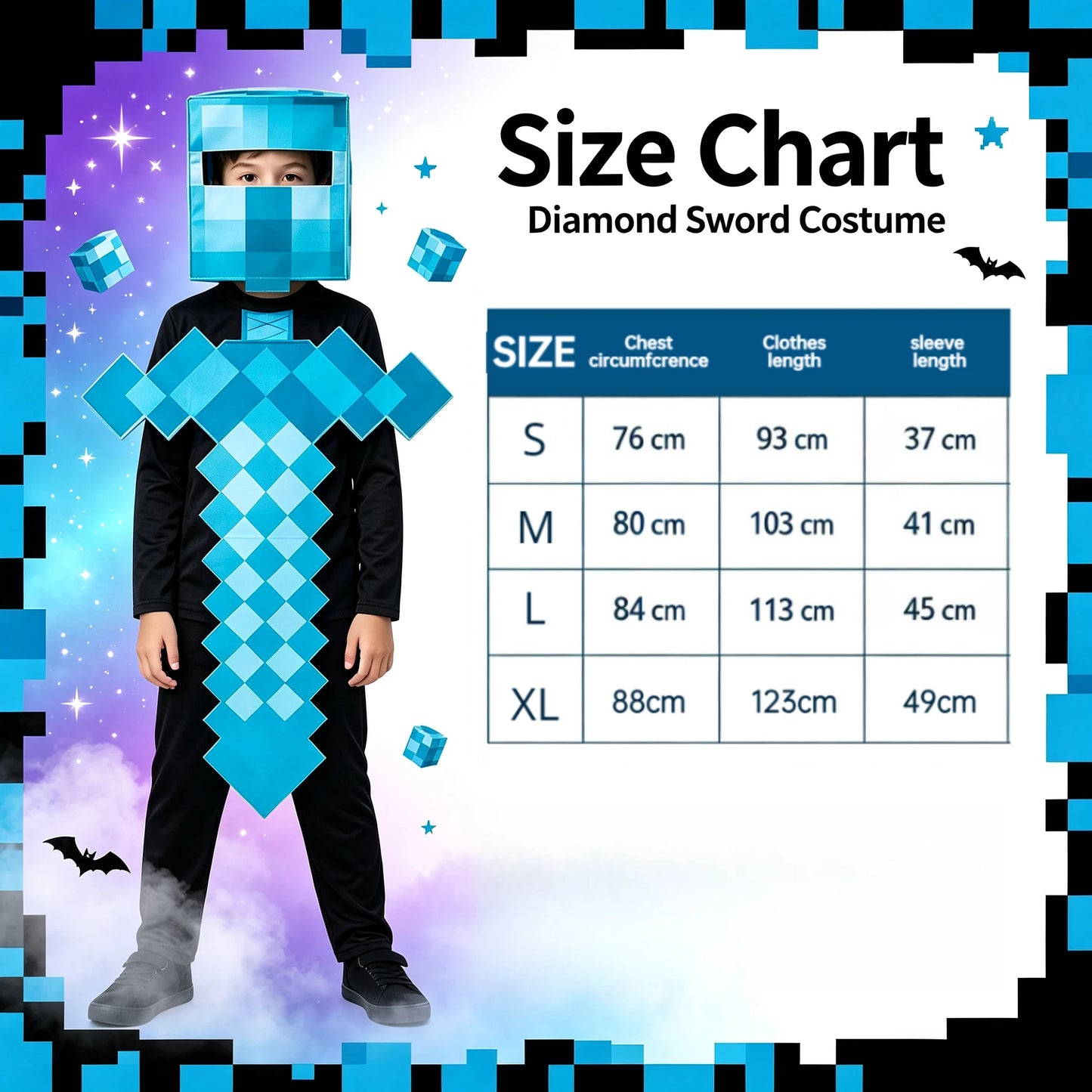 1 Pack Kids Block Character Cosplay Set, Diamond Sword Themed Outfit, Halloween Party Creative Stage Performance Costume