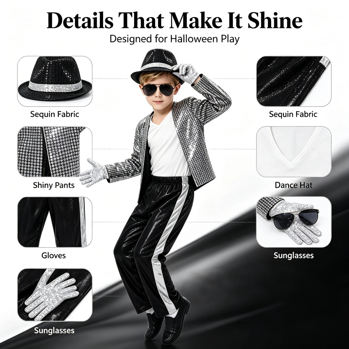 1 Set Kids Sparkly Sequined Retro Dance Costume, Unisex Outfit for Halloween Party, Stage Role‑Play & Holiday Gift