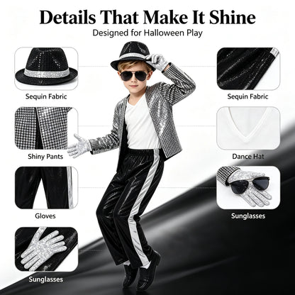 1 Set Kids Sparkly Sequined Retro Dance Costume, Unisex Outfit for Halloween Party, Stage Role‑Play & Holiday Gift
