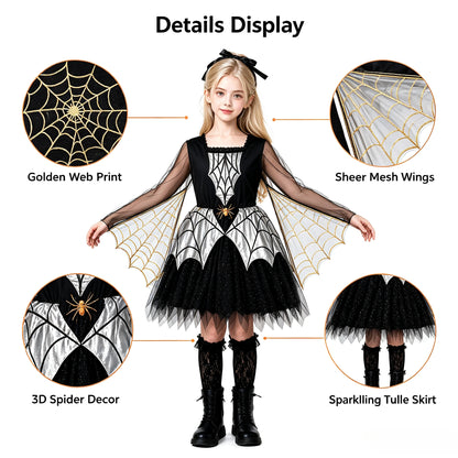1 Pack Girls Spider Themed Costume, Spiderweb Cape Dress, Halloween Carnival Outfit for Stage Performance & Cosplay Party