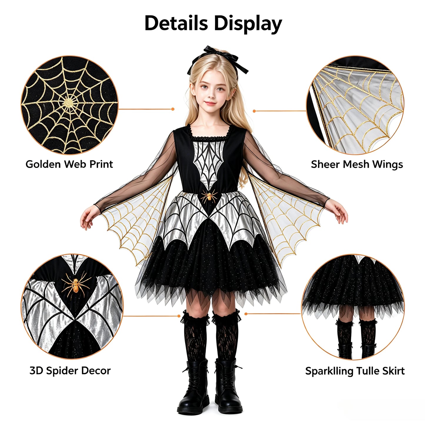 1 Pack Girls Spider Themed Costume, Spiderweb Cape Dress, Halloween Carnival Outfit for Stage Performance & Cosplay Party