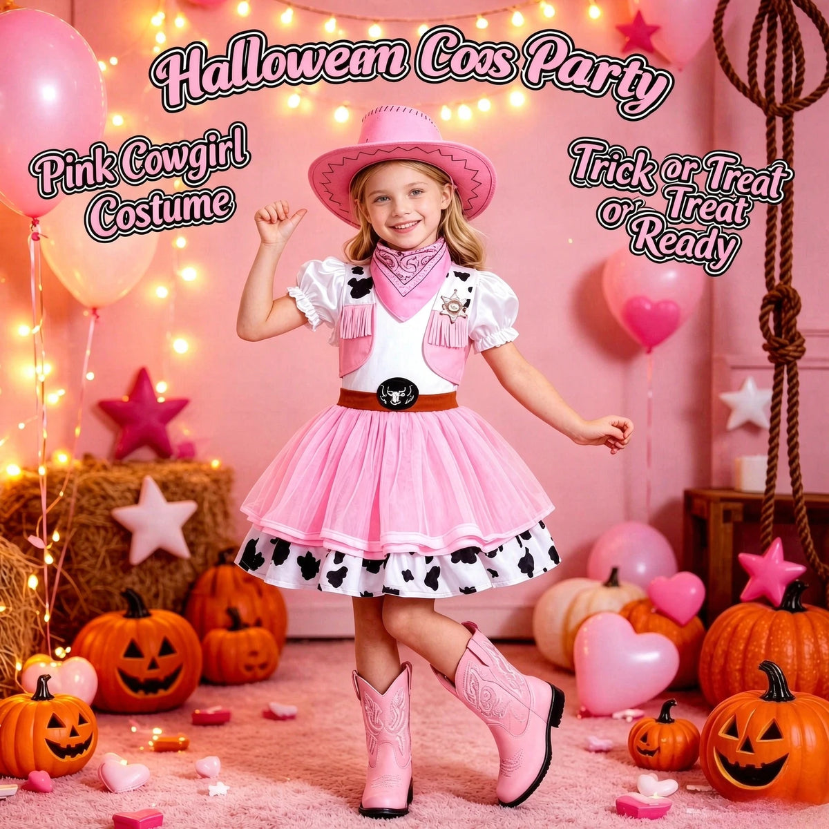 2Pcs Pink Western Cowgirl Outfit, Kids Halloween Cowgirl Dress, Vintage Role Play Costume for Party & Stage Show, Gift Option