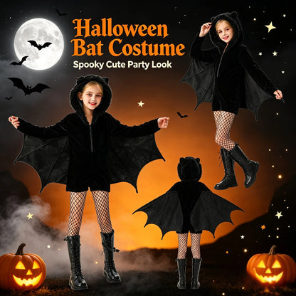 1Set Kids Dark Bat Demon Cosplay Costume, Girls Carnival Outfit, Halloween Stage Role Play Dress for Party & Holiday Gift