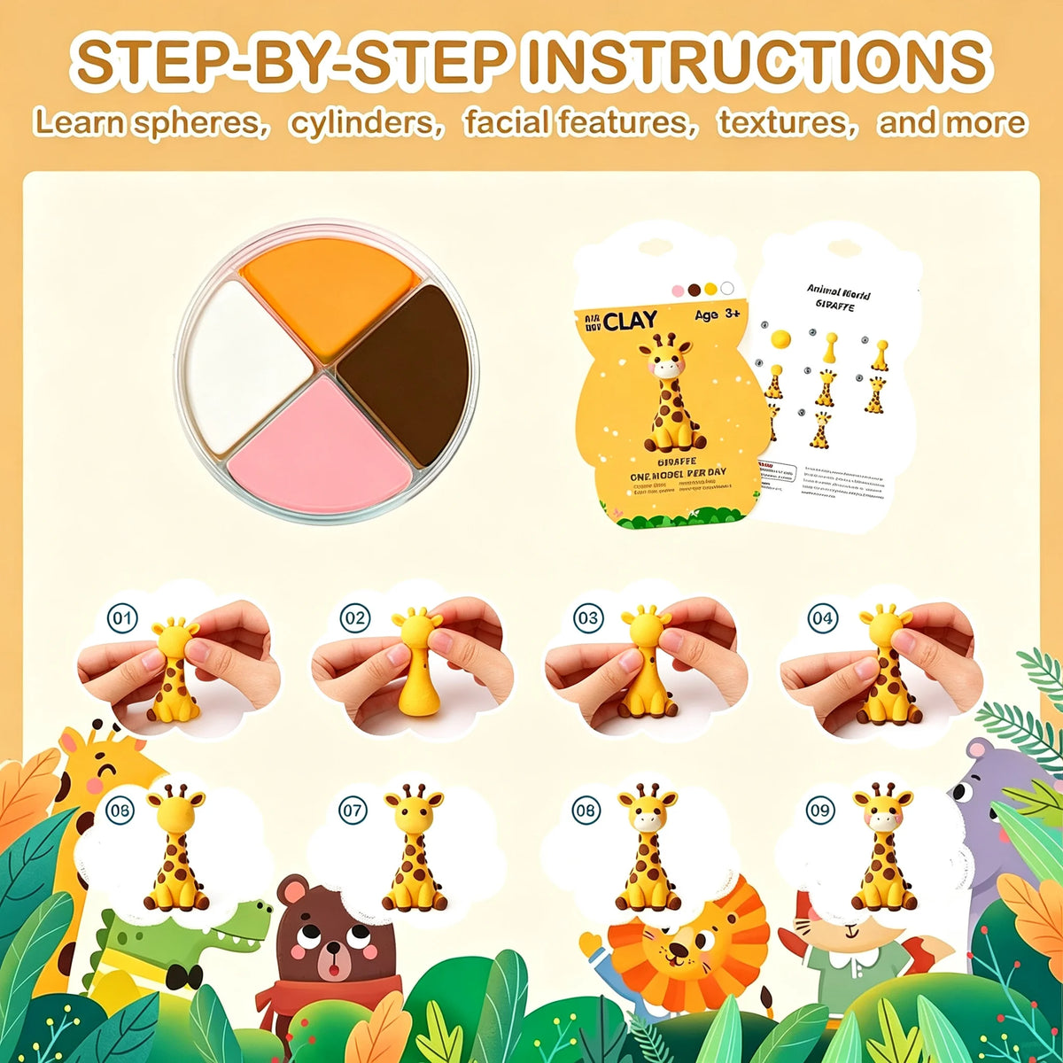 Air Dry Clay Kit with 12 Animal Molds, Full DIY Tools & Guides, Soft Non-Sticky Clay, Creative Gift for Children’s Day