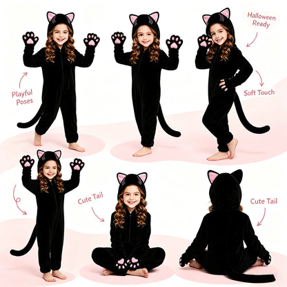 1Pc Kids Black Cat Jumpsuit Cosplay Costume, Girls Cute Cat Outfit, Halloween Animal Party Role Play Suit for Party & Gift