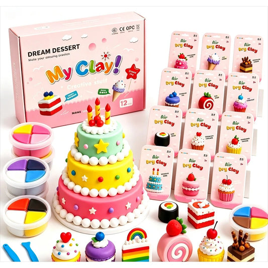 Colorful 12 Themes Dessert Air Dry Clay Kit, soft safe DIY fake food craft toy, creative decorative holiday gift for kids
