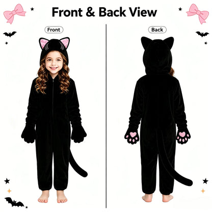1Pc Kids Black Cat Jumpsuit Cosplay Costume, Girls Cute Cat Outfit, Halloween Animal Party Role Play Suit for Party & Gift