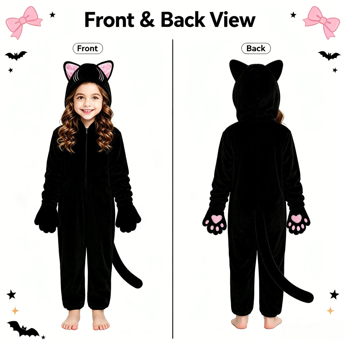 1Pc Kids Black Cat Jumpsuit Cosplay Costume, Girls Cute Cat Outfit, Halloween Animal Party Role Play Suit for Party & Gift