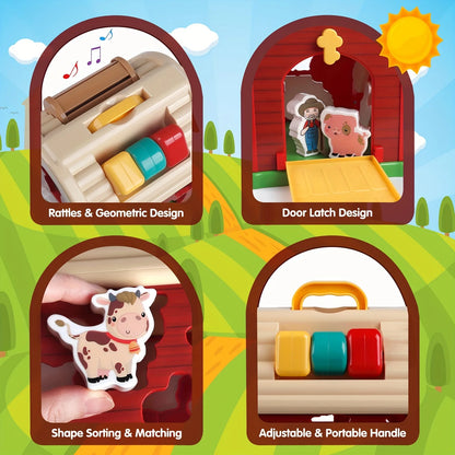Big Red Take-Along Sorting Barn Toy with Handle, 12M+,10 Farm Play Pieces  , Shape Sorting & Stacking Learning Gift for Toddler