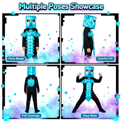1 Pack Kids Block Character Cosplay Set, Diamond Sword Themed Outfit, Halloween Party Creative Stage Performance Costume