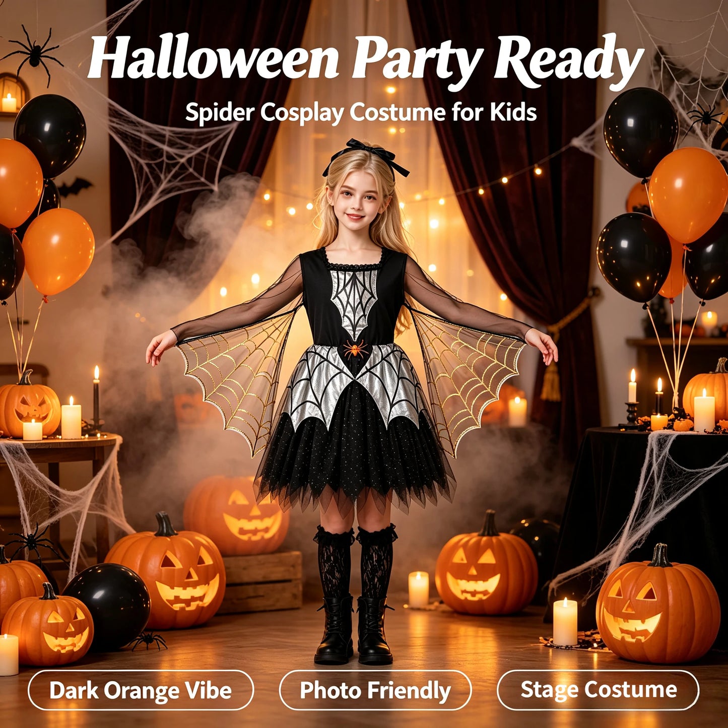 1 Pack Girls Spider Themed Costume, Spiderweb Cape Dress, Halloween Carnival Outfit for Stage Performance & Cosplay Party