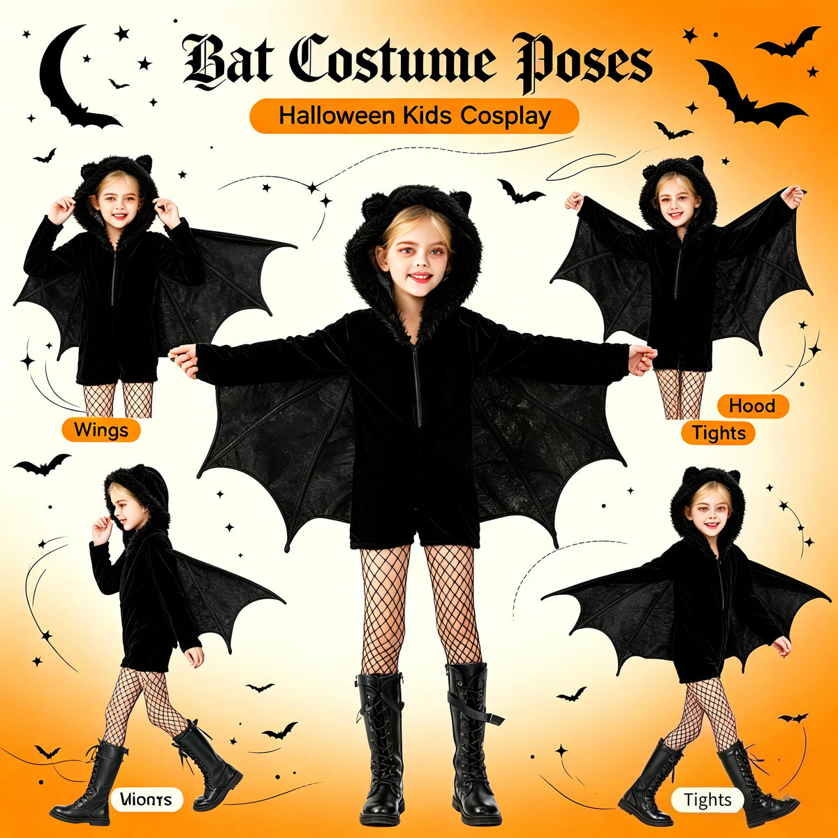 1Set Kids Dark Bat Demon Cosplay Costume, Girls Carnival Outfit, Halloween Stage Role Play Dress for Party & Holiday Gift