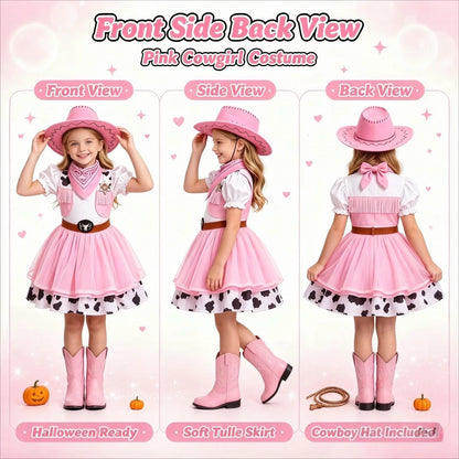 2Pcs Pink Western Cowgirl Outfit, Kids Halloween Cowgirl Dress, Vintage Role Play Costume for Party & Stage Show, Gift Option