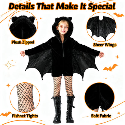 1Set Kids Dark Bat Demon Cosplay Costume, Girls Carnival Outfit, Halloween Stage Role Play Dress for Party & Holiday Gift
