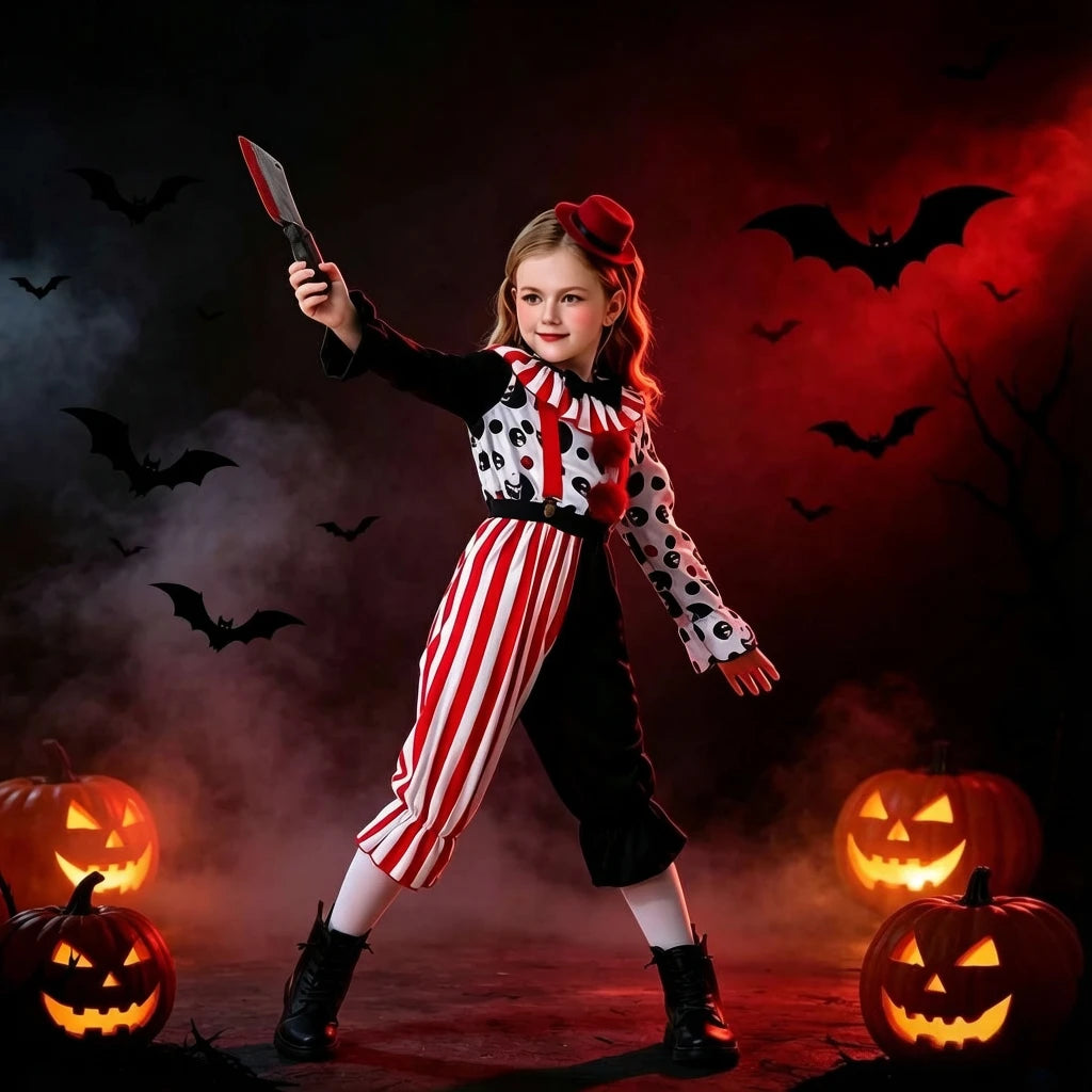 1Pc Spooky Clown Kids Cosplay Costume, Girls Halloween Party Outfit, Carnival Stage Performance Dress‑up Suit for Holiday Gift
