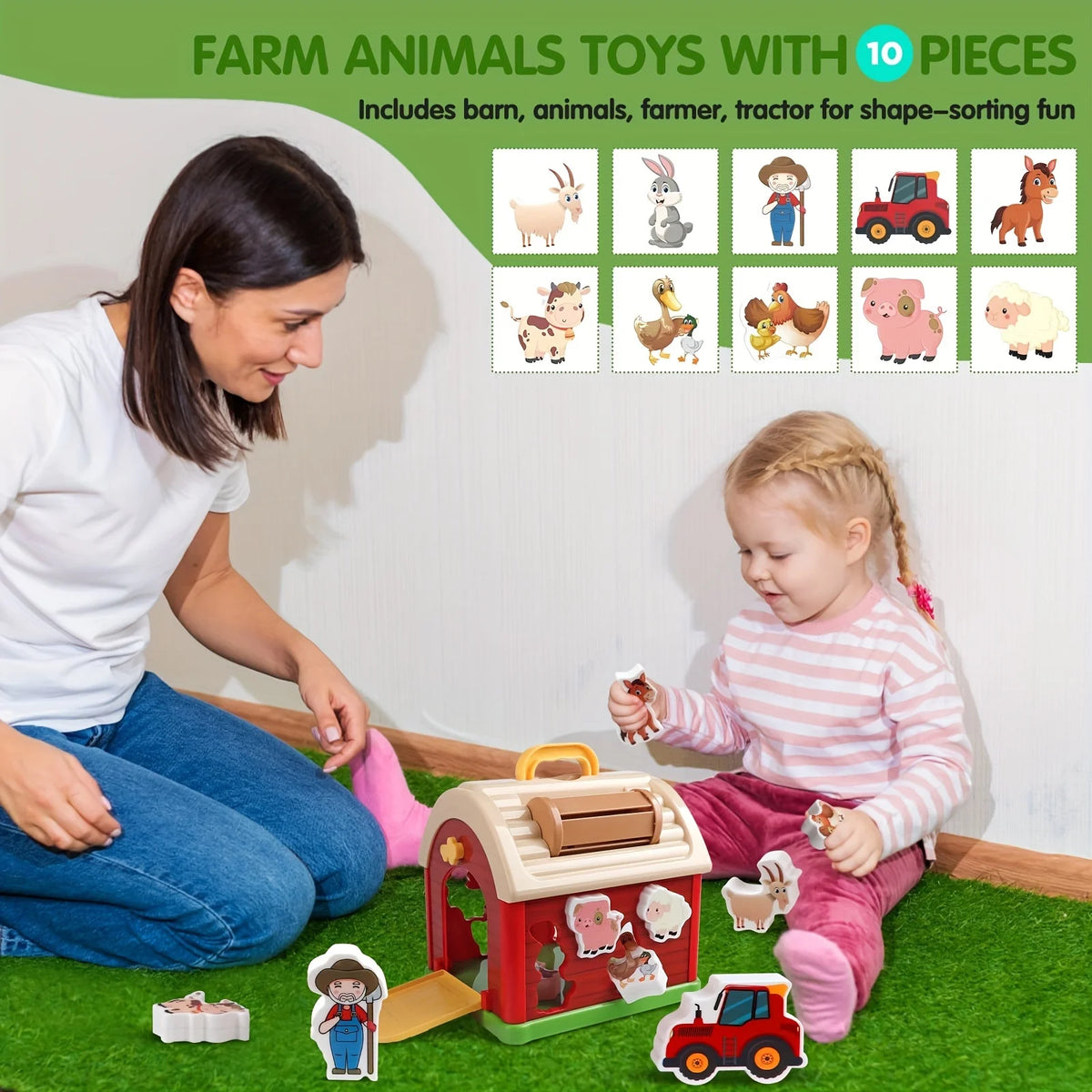 Big Red Take-Along Sorting Barn Toy with Handle, 12M+,10 Farm Play Pieces  , Shape Sorting & Stacking Learning Gift for Toddler