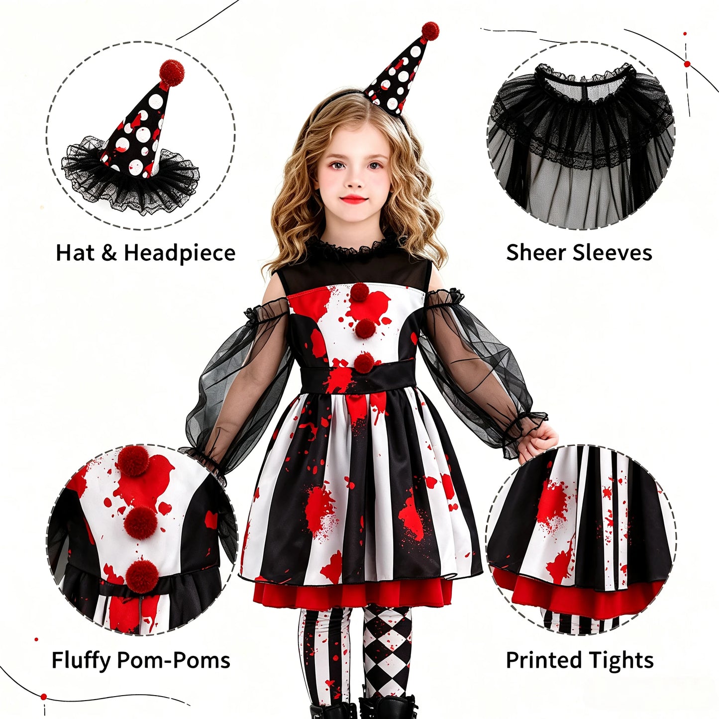 1Pc Funny Halloween Clown Kids Costume, Circus‑Theme Girls Dress, Carnival Role‑Play Outfit, Party Performance Cosplay Gift